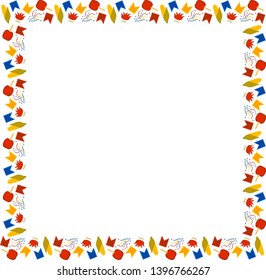 Brazil June Festival Festa Junina. Square frame of multi-colored corn, bonfires, flags, confetti, apples in caramel on a white background. Vector.