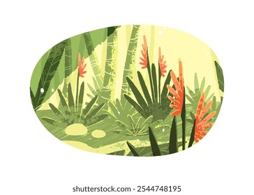 Brazil jungle landscape with tropical plants, flowers. Amazon rainforest scenery with exotic palm trees, green leaves. Rain forest nature, bamboo woodland. Flat isolated vector illustration on white