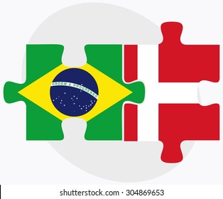 Brazil and Kingdom of Denmark Flags in puzzle isolated on white background
