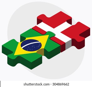 Brazil and Kingdom of Denmark Flags in puzzle isolated on white background
