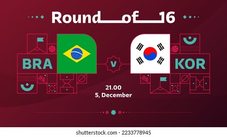 segunda vuelta de la república de corea brasil del partido 16 Fútbol 2022. Partido del Campeonato Mundial de Fútbol 2022 versus equipo de fondo deportivo de introducción, afiche de la competencia del campeonato, vector.