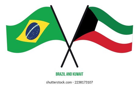 Brazil and Kuwait Flags Crossed And Waving Flat Style. Official Proportion. Correct Colors.