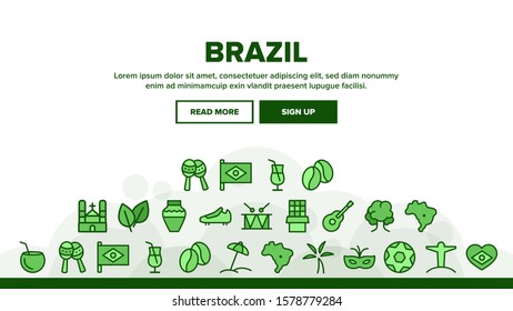 Brazil Landing Web Page Header Banner Template Vector. Football Ball And Food, Coffee And Carnival Mask, Guitar And Drum, Brazil Illustration