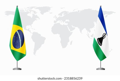 Brazil and Lesotho flags for official meeting against background of world map, vector