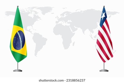 Brazil and Liberia flags for official meeting against background of world map, vector