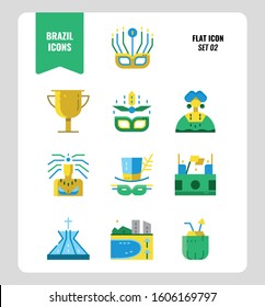 Brazil line icon set 2. Include carnival, mask, football, Brazil landmark and more. Flat icons Design. vector