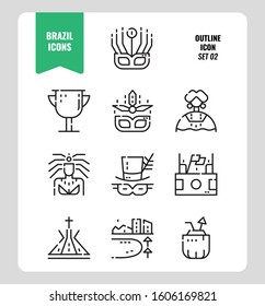Brazil line icon set 2. Include carnival, mask, football, Brazil landmark and more. Outline icons Design. vector