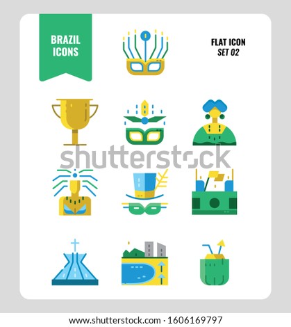 Brazil line icon set 2. Include carnival, mask, football, Brazil landmark and more. Flat icons Design. vector