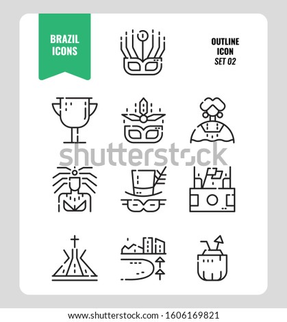 Brazil line icon set 2. Include carnival, mask, football, Brazil landmark and more. Outline icons Design. vector