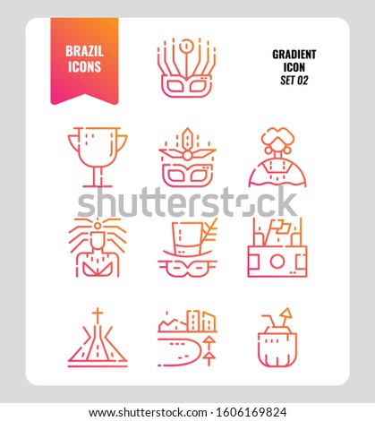 Brazil line icon set 2. Include carnival, mask, football, Brazil landmark and more. Gradient icons Design. vector