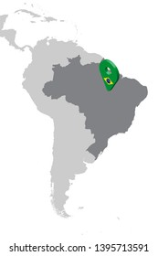 Brazil Location Map on map South America. 3d Brazil flag map marker location pin. High quality map of Brazil.  Vector illustration EPS10.