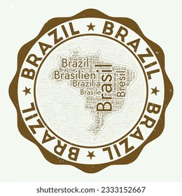 Brazil logo. Beautiful country badge with word cloud in shape of Brazil. Round emblem with country name. Amazing vector illustration.