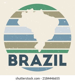 Brazil logo. Sign with the map of country and colored stripes, vector illustration. Can be used as insignia, logotype, label, sticker or badge of the Brazil.