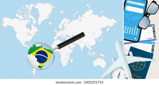 Brazil is magnified over a World Map, illustration with airplane, passport, boarding pass, compass and eyeglasses. Vector illustration.