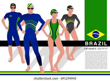 Brazil : Male and Female Swimmers : Swimmers in National Swimsuits : Vector Illustration