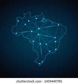 Brazil Map - Abstract geometric mesh polygonal network line, structure and point scales on dark background with lights in the form of cities. Vector illustration eps 10.