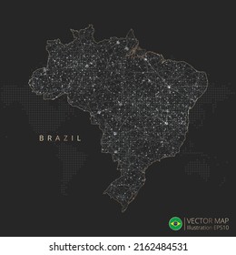 Brazil map abstract geometric mesh polygonal light concept with black and white glowing contour lines countries and dots on dark background. Vector illustration.