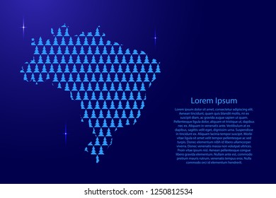 Brazil map abstract schematic from blue Christmas tree and Happy New Year decoration pattern with space stars for banner, poster, greeting card. Vector illustration.