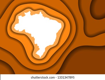 Brazil map abstract schematic from orange layers paper cut 3D waves and shadows one over the other. Layout for banner, poster, greeting card. Vector illustration.