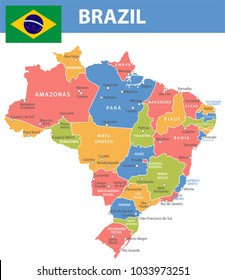 Mapa del Brasil con la división administrativa de regiones y ciudades