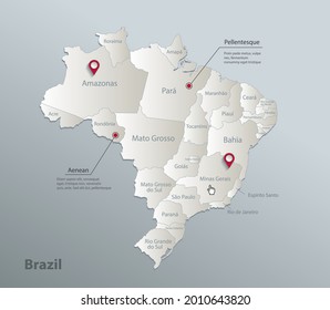 Brazil map, administrative division with names, blue white card paper 3D vector