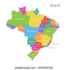 Brazil map, administrative division, separated individual regions with names, color map isolated on white background vector