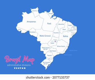 Brazil map, administrative divisions whit names regions, blue background vector