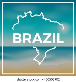 Brazil map against the backdrop of beach and tropical sea with bright sun. EPS10 vector.