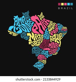 Mapa de Brasil con todos los estados de tipografía de nombres. Mapa con letras de Brasil.