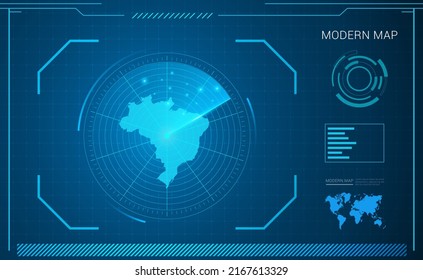 Brazil map of blue digital frame technology radar vector HUD, GUI, UI interface.