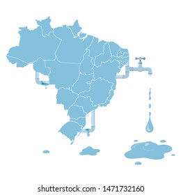 Brazil map in blue with water pipeline and tap making with puddle below.