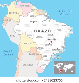 Brazil map with capital Brasilia, most important cities and national borders