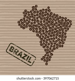 Brazil map of coffee beans isolated on craft background