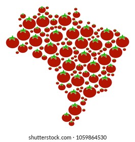 Brazil Map collage of tomato vegetables in different sizes. Vector tomatoes items are united into brazil map illustration. Salad vector illustration.