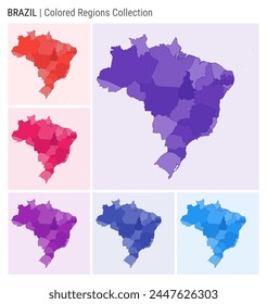 Brazil map collection. Country shape with colored regions. Deep Purple, Red, Pink, Purple, Indigo, Blue color palettes. Border of Brazil with provinces for your infographic. Vector illustration.