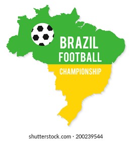 Brazil map in the colors of the flag with soccer ball and text of Brazil football championship