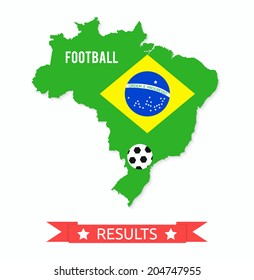 Brazil map in the colors of the flag with soccer ball and text of Brazil football championship results