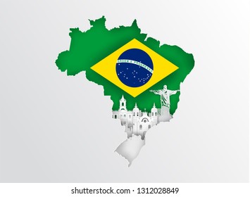 Brazil map concept with famous landmarks in paper cut style vector illustration.