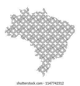 Brazil map country abstract silhouette from industrial gears drive. Black repeating pattern. Vector illustration.