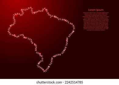Brazil map country along contour of recurring english red words name of state and glowing space stars 