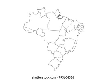 brazil map with country borders, thin black outline on white background. High detailed vector map with counties/regions/states - brazil. contour, shape, outline, on white.