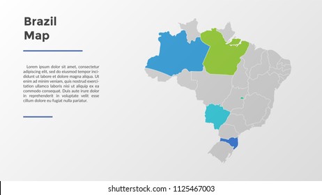 Brazil map divided into provinces or regions with modern borders. Geographic location indication. Infographic design template. Vector illustration for presentation, brochure, touristic website.