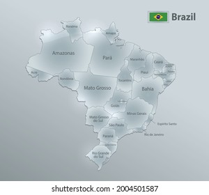 Brazil map and flag, administrative division, separates regions and names individual region, design glass card 3D vector