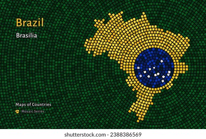 Brazil Map and Flag with a capital of Brasilia Shown in a Mosaic Pattern