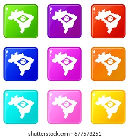 Brazil map with flag icons of 9 color set isolated vector illustration