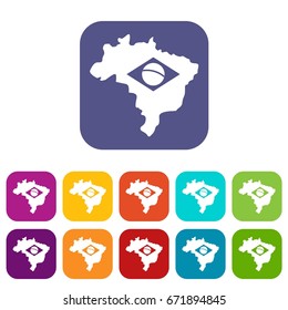 Brazil map with flag icons set vector illustration in flat style In colors red, blue, green and other