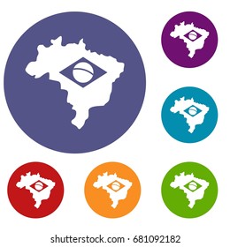 Brazil map with flag icons set in flat circle red, blue and green color for web
