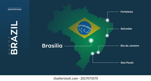 Brazil map with flag info graphic. Abstract vector map of Brazil with capital and major cities. Dots composition map on dark background.
