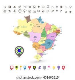 Brazil map with flag and navigation icons isolated on white.