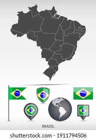 Brazil map and flag set. Detailed country shape with region borders and flag icons.